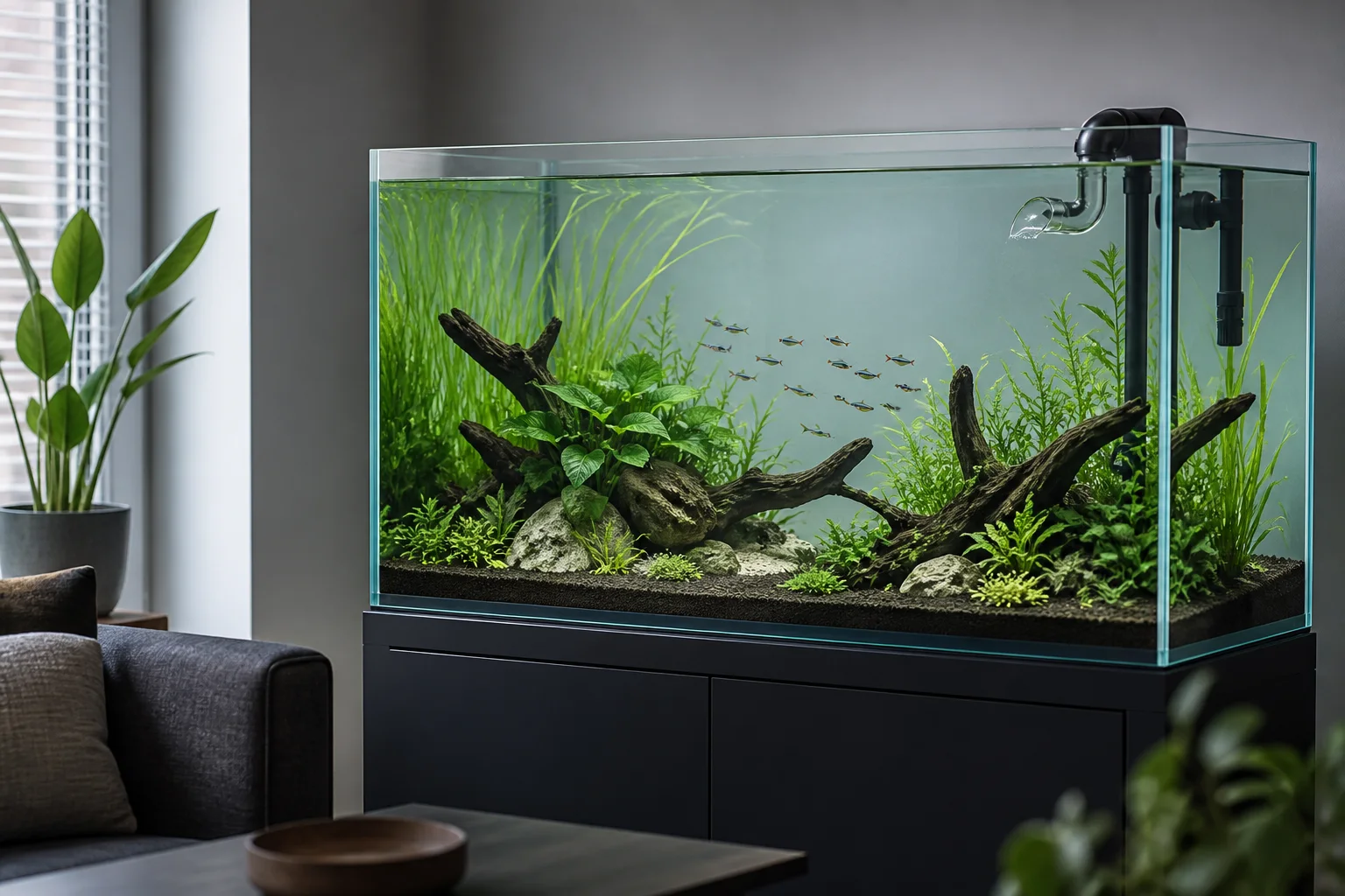 Planted freshwater aquarium with visible filtration equipment